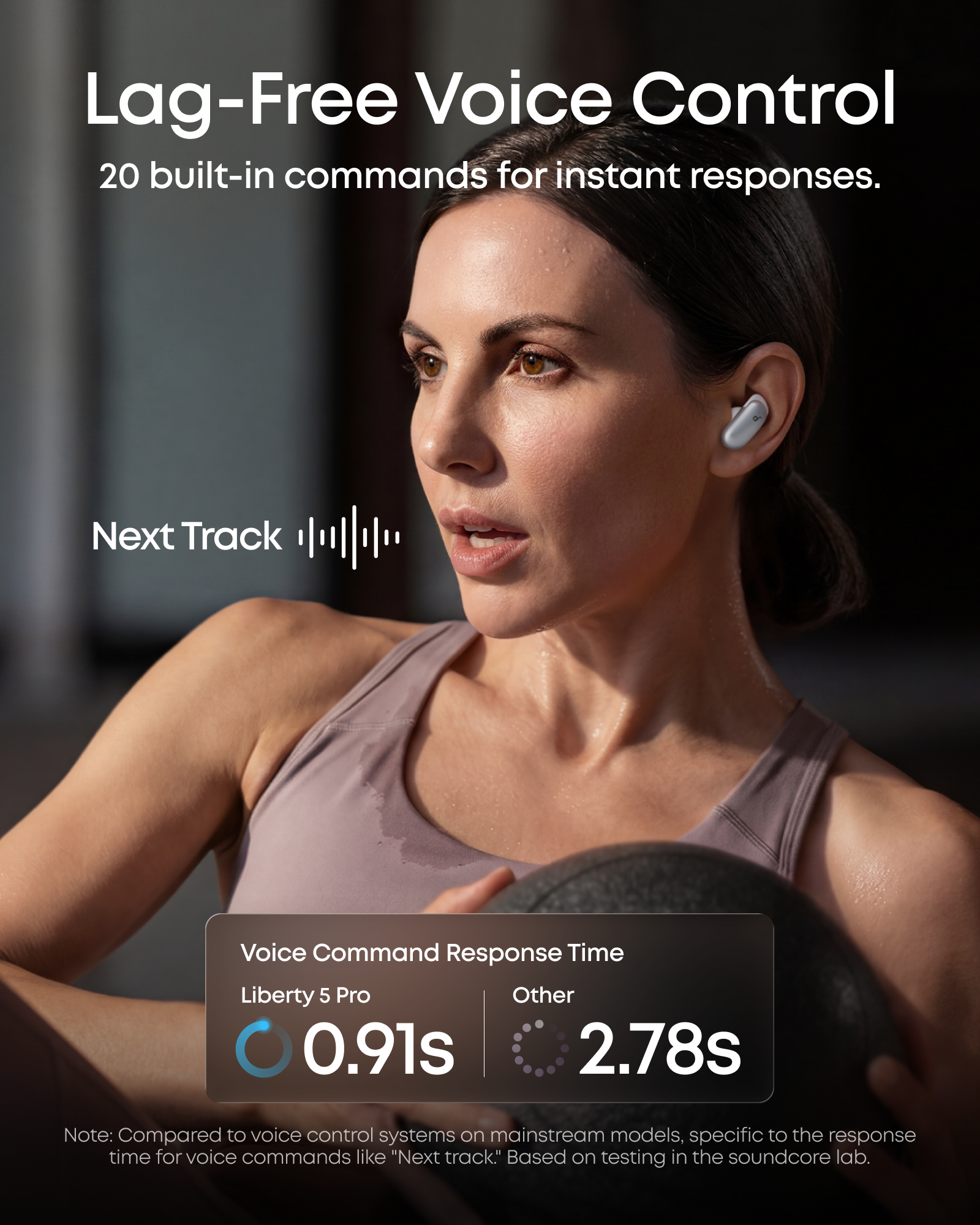 Lag-Free Voice Control  
20 built-in commands for instant responses.  

Next Track Voice Command Response Time  
Liberty 5 Pro: 0.91s  
Other: 2.78s  

Note: Compared to voice control systems on mainstream models, specific to the response time for voice commands like "Next track." Based on testing in the soundcore lab.