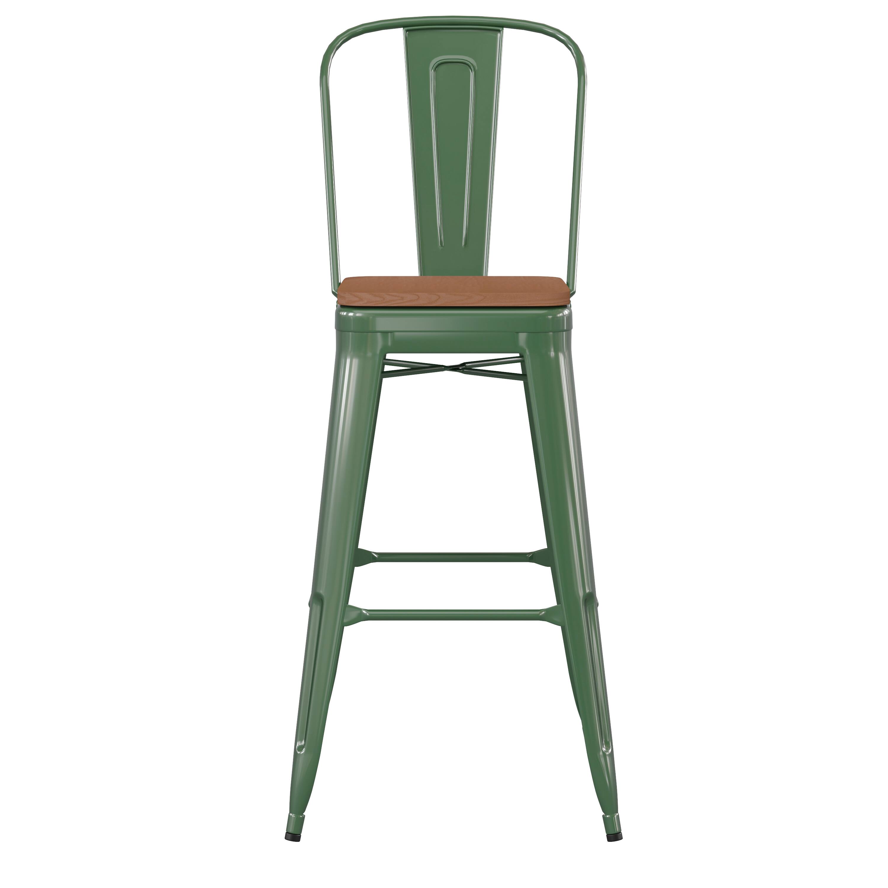 Alt View 10. Emma + Oliver - Kam Metal Indoor-Outdoor Stool with Removable Back and All-Weather Polystyrene Seat - Teak Seat/Green Frame.