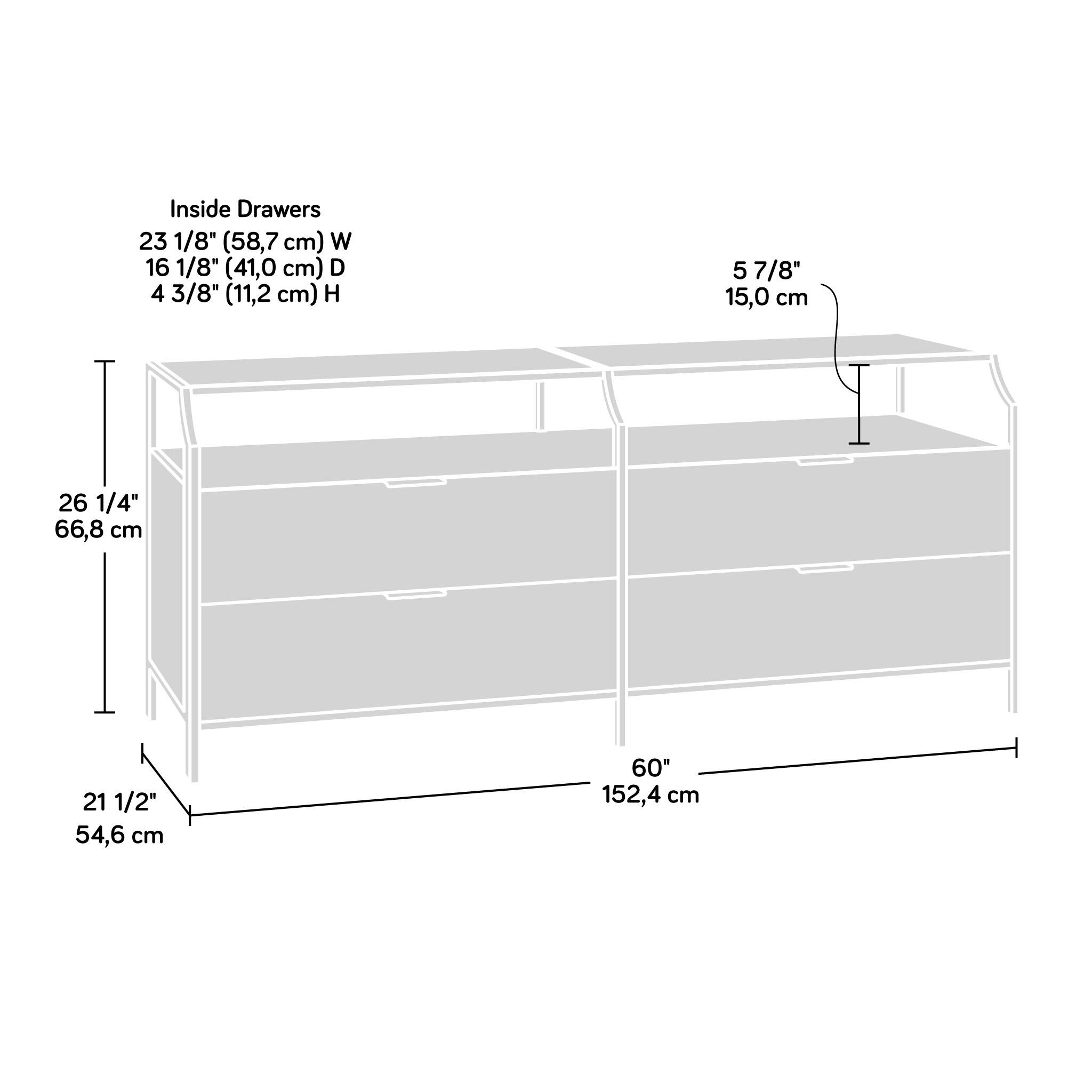 Inside Drawers  
23 1/8" (58,7 cm) W  
16 1/8" (41,0 cm) D  
4 3/8" (11,2 cm) H  

5 7/8" 15,0 cm  

26 1/4" 66,8 cm  

21 1/2" 54,6 cm  

60" 152,4 cm