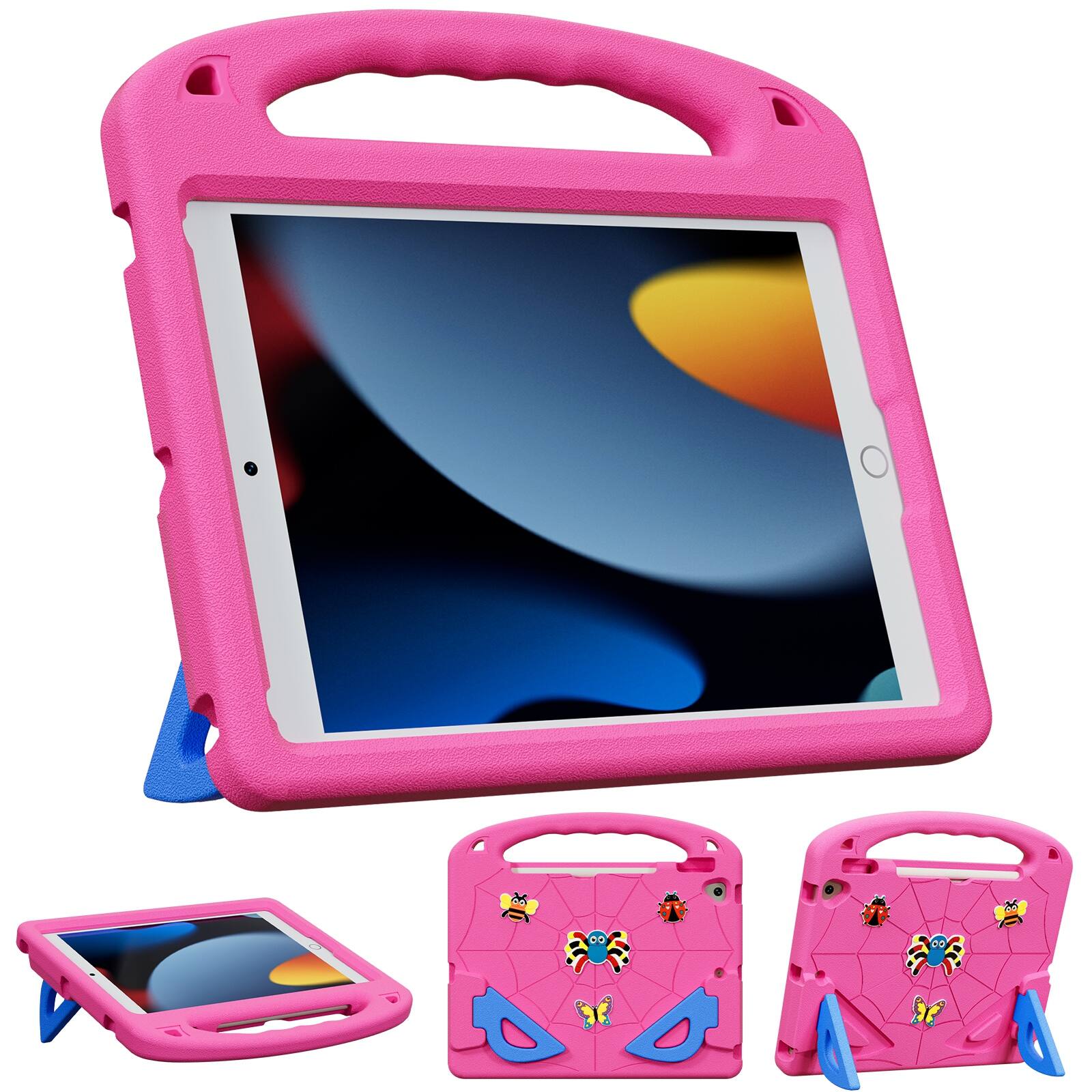 Angle. UUCOVER - Kids Case for iPad 9th 8th 7th Generation 10.2-inch (2021/2020/2019) Shockproof EVA Handle Stand Cover+Shoulder Strap - Rose/Blue.