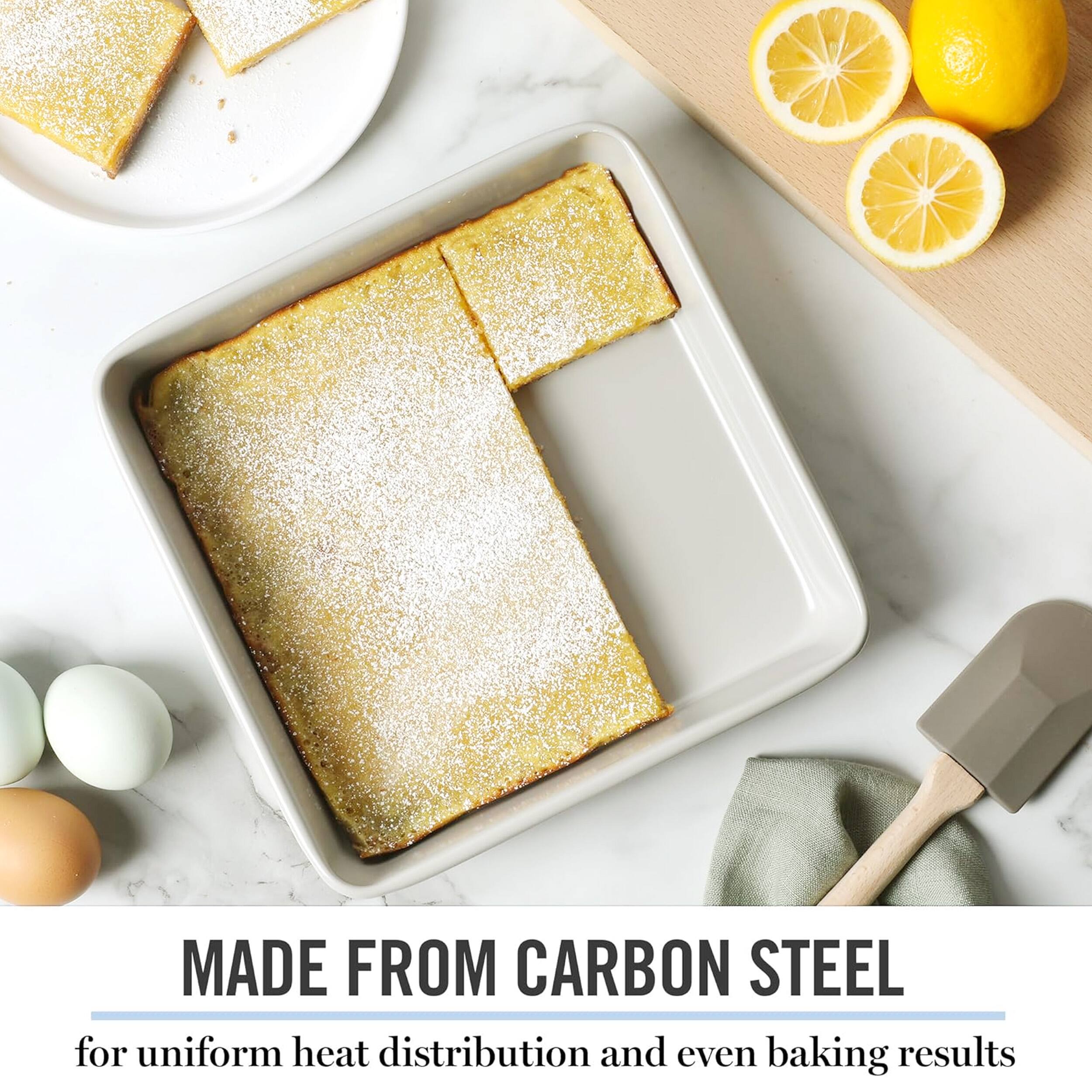 Made from carbon steel for uniform heat distribution and even baking results.