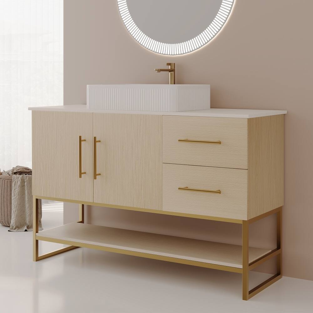 Alt View 3. Loheer - Loheer 47.2 inch modern bathroom vanity Ceramic Vessel Sink Gold Accent - American White Oak, Gold, White.