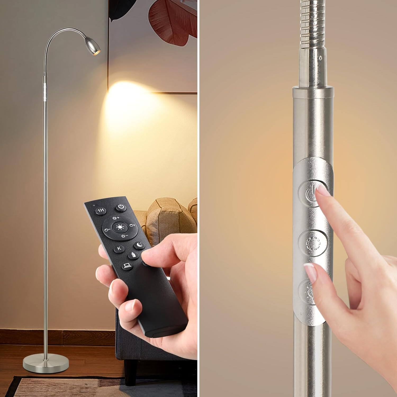 Back. Nordic Hygge - Reading Floor Lamp, 72" Tall LED Lamp with Flexible Gooseneck, Dimmable Zoomable Spotlight, Adjustable Color - Brushed Nickel.