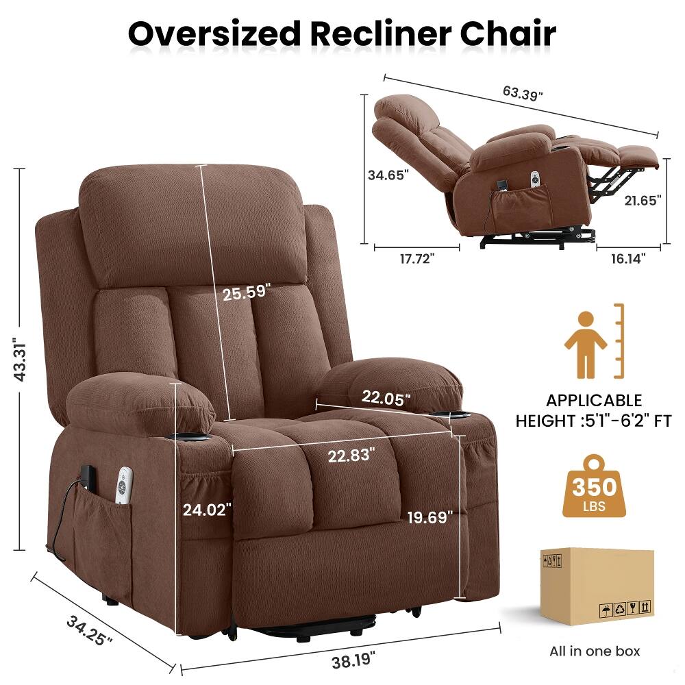 Oversized Recliner Chair

63.39"
34.65"
21.65"
43.31"
25.59" 24.02"
17.72" 22.05" 22.83" 19.69"
16.14" APPLICABLE HEIGHT :5'-6'2" FT 350 LBS

BY:
34.25"
38.19"

All in one box