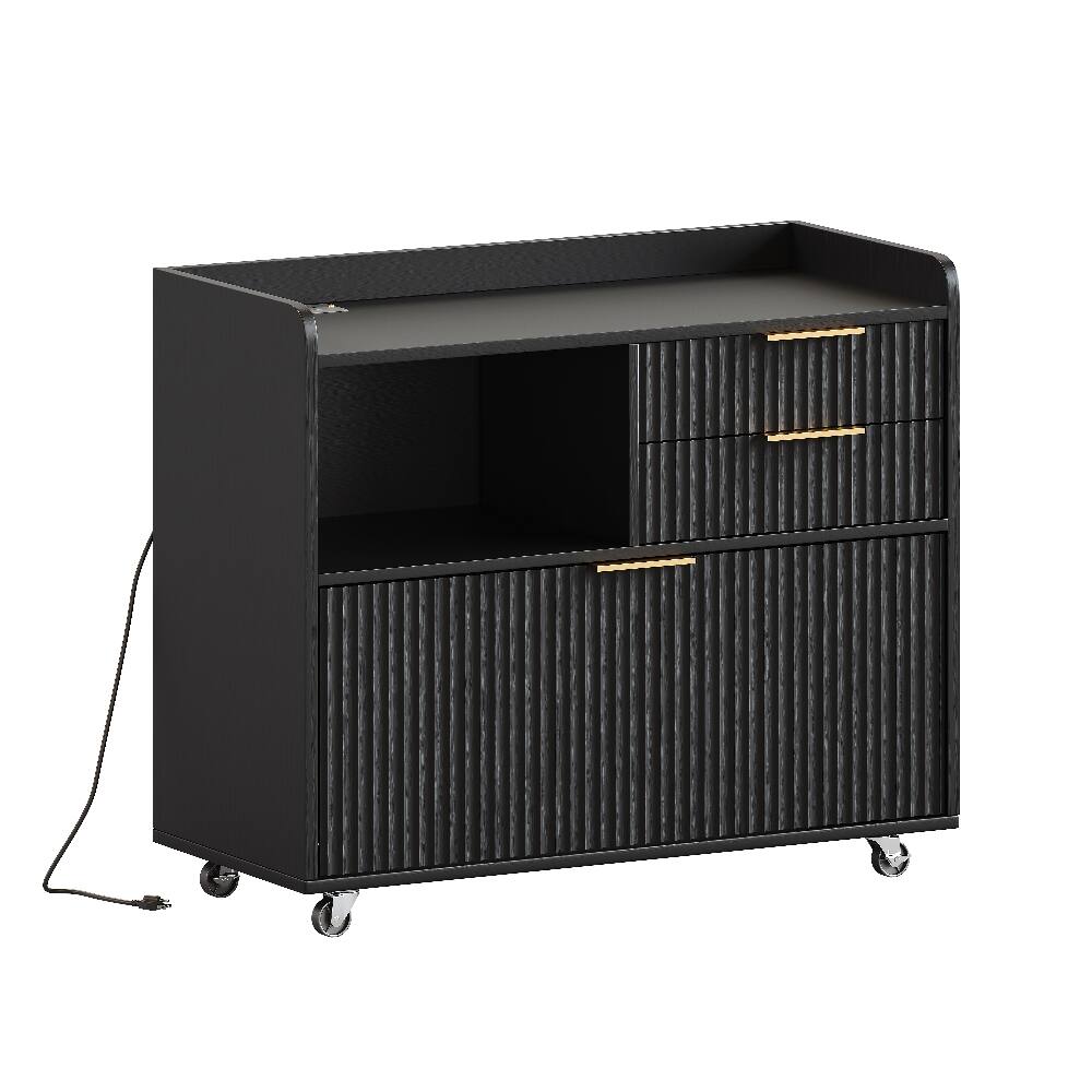 Back. Loheer - Loheer Mobile File Cabinet with Charging Station, 3 Drawer Black Office Cabinet with Wheels.