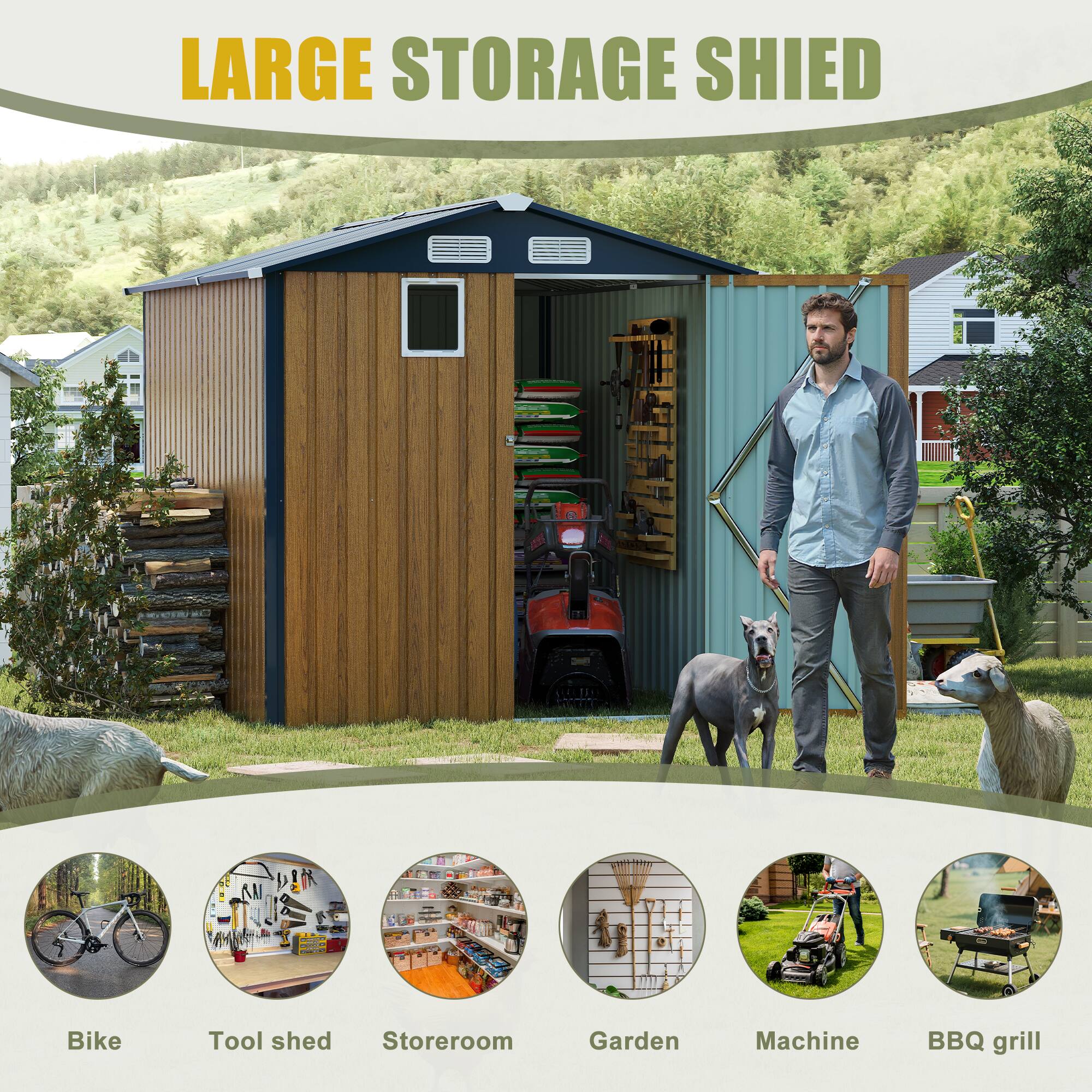 LARGE STORAGE SHED

- Bike
- Tool shed
- Storeroom
- Garden
- Machine
- BBQ grill