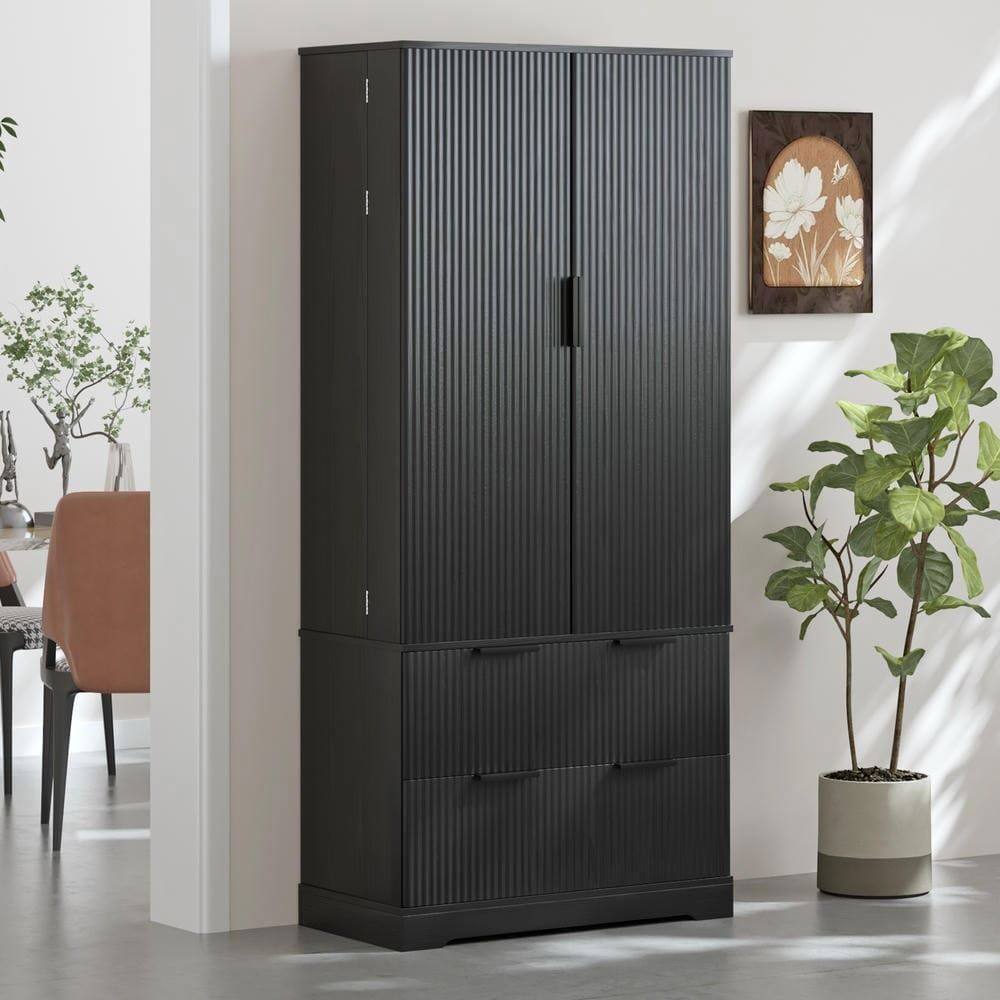 Alt View 4. Kadyn - 72" Modern Fluted Pantry with 2 Drawers and 8-Door Spice Rack - Black - Black.