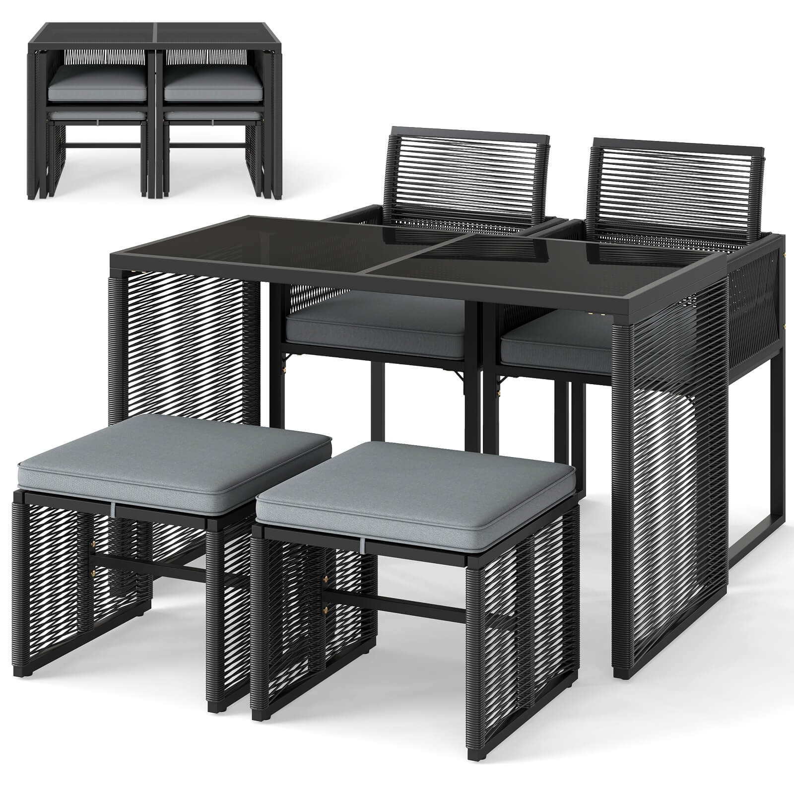 Front. Costway - Costway 5 PCS PE Wicker Patio Dining Set Outdoor Conversation Set with Cushions - Gray.