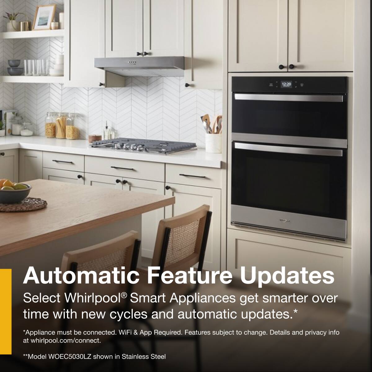 Automatic Feature Updates  
Select Whirlpool® Smart Appliances get smarter over time with new cycles and automatic updates.*  
*Appliance must be connected. WiFi & App Required. Features subject to change. Details and privacy info at whirlpool.com/connect.  
**Model WOEC5030LZ shown in Stainless Steel