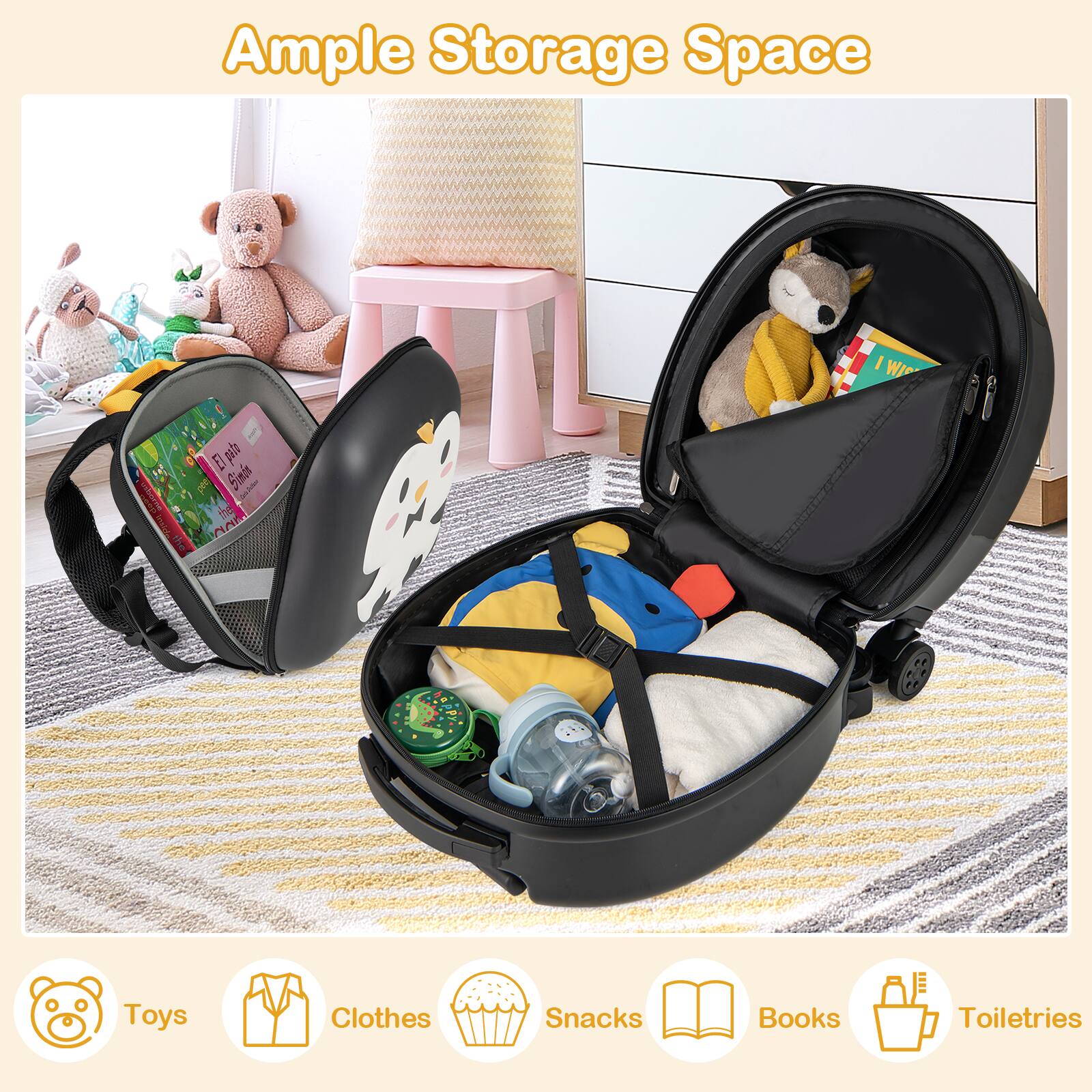 Ample Storage Space

Toys  
Clothes  
Snacks  
Books  
Toiletries