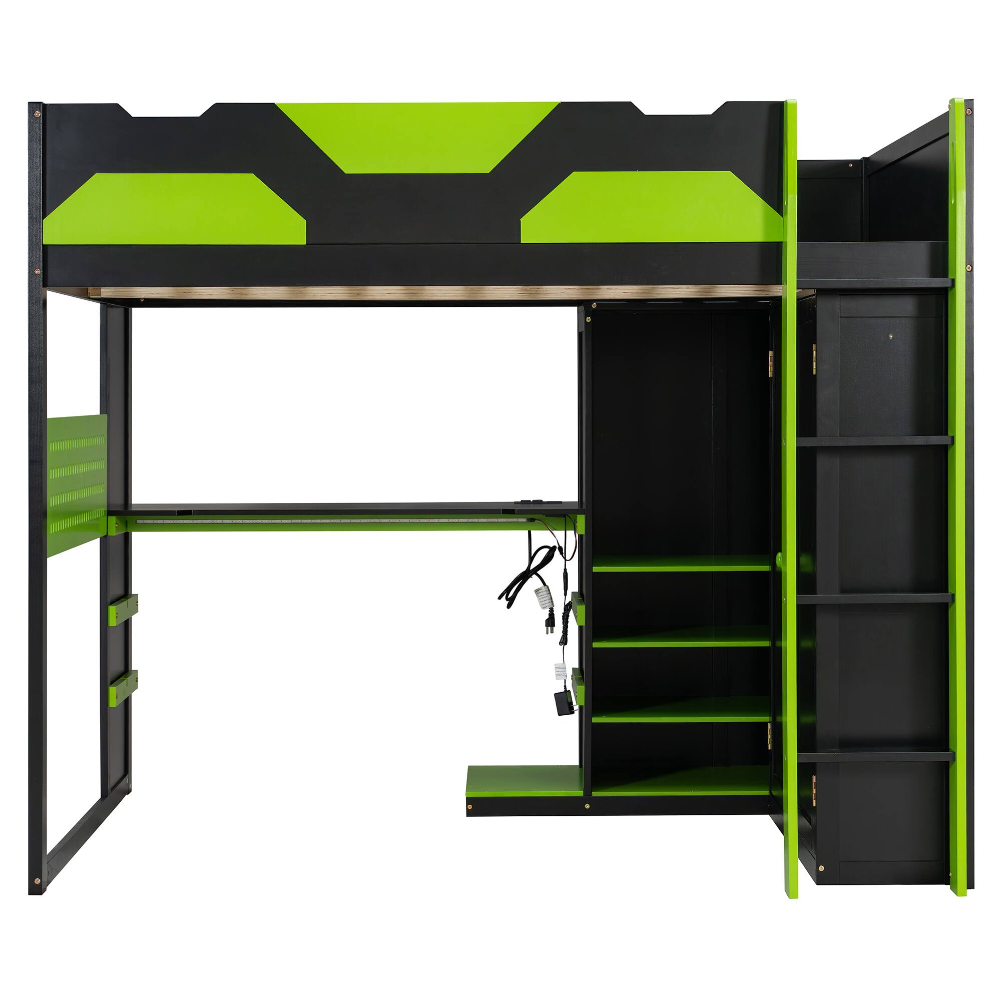 Back. Anysun - Full Size Wood Loft Bed with Desk, Multi-storage Shelves,USB and RGB Light - Green.