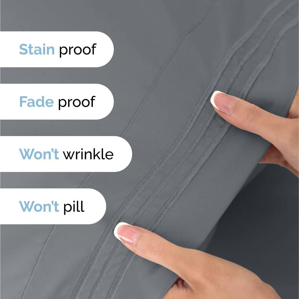 Stain proof  
Fade proof  
Won't wrinkle  
Won't pill
