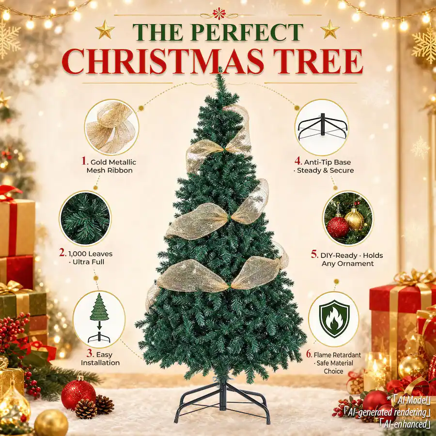 Green Base Ribbon CloudRest Pro 6 ft Artificial Christmas Tree 1000+ Branch Tips Easy ...