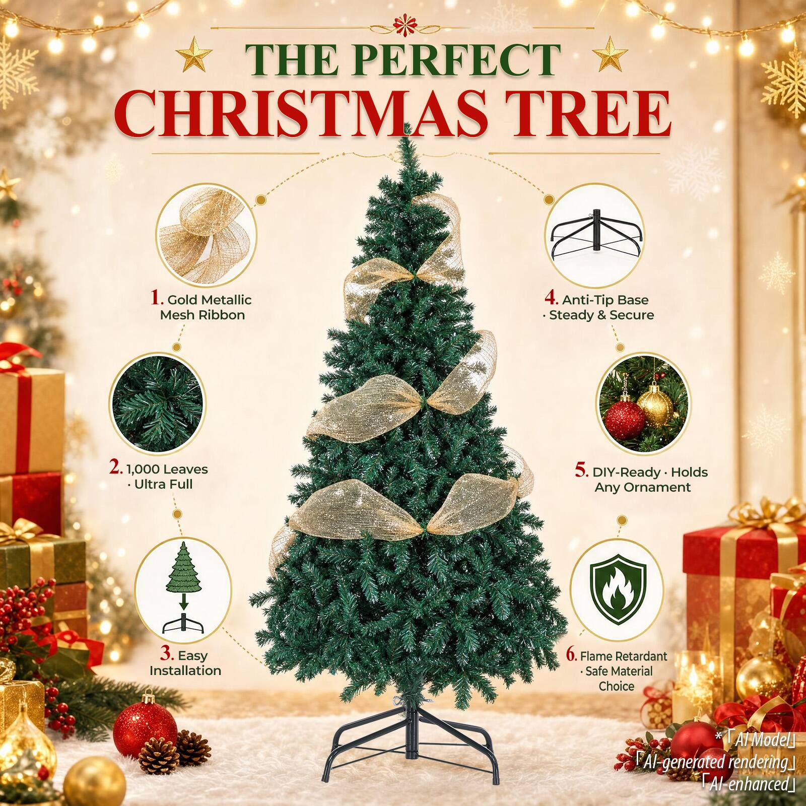 THE PERFECT CHRISTMAS TREE

1. Gold Metallic Mesh Ribbon
2. 1,000 Leaves Ultra Full
3. Easy Installation
4. Anti-Tip Base Steady & Secure
5. DIY-Ready Holds Any Ornament
6. Flame Retardant Safe Material Choice

*AI Model*
AI-generated rendering
AI-enhanced