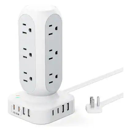 Front. Dazzed Corner - Flat Plug Power Strip,10FT Extension Cord - White.
