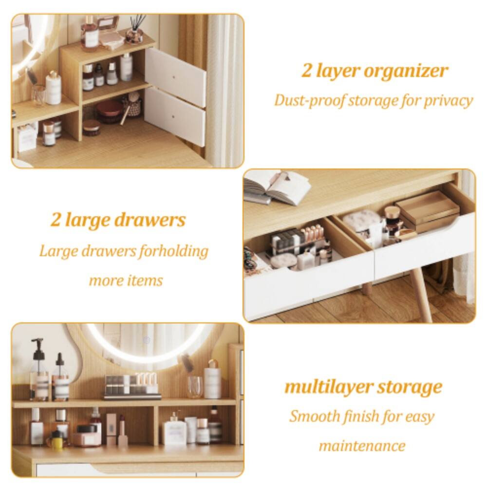 2 layer organizer  
Dust-proof storage for privacy  

2 large drawers  
Large drawers for holding more items  

multilayer storage  
Smooth finish for easy maintenance