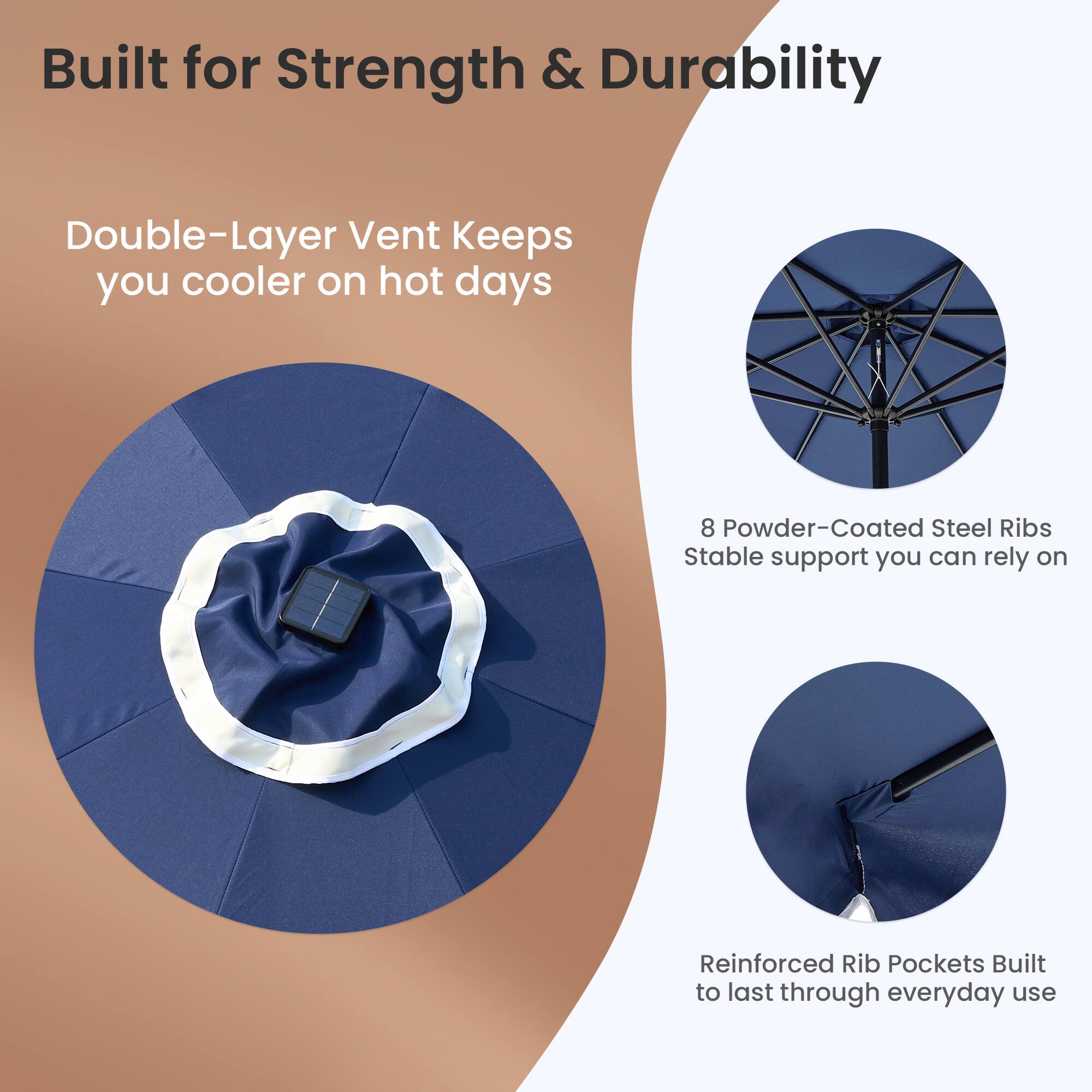 Built for Strength & Durability

Double-Layer Vent Keeps you cooler on hot days

8 Powder-Coated Steel Ribs
Stable support you can rely on

Reinforced Rib Pockets
Built to last through everyday use