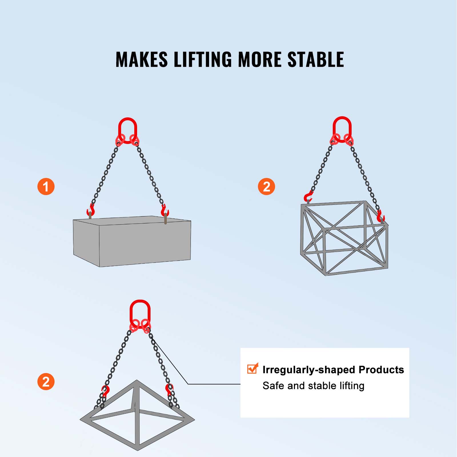 MAKES LIFTING MORE STABLE

1. Irregularly-shaped Products
   Safe and stable lifting

2. Irregularly-shaped Products
   Safe and stable lifting