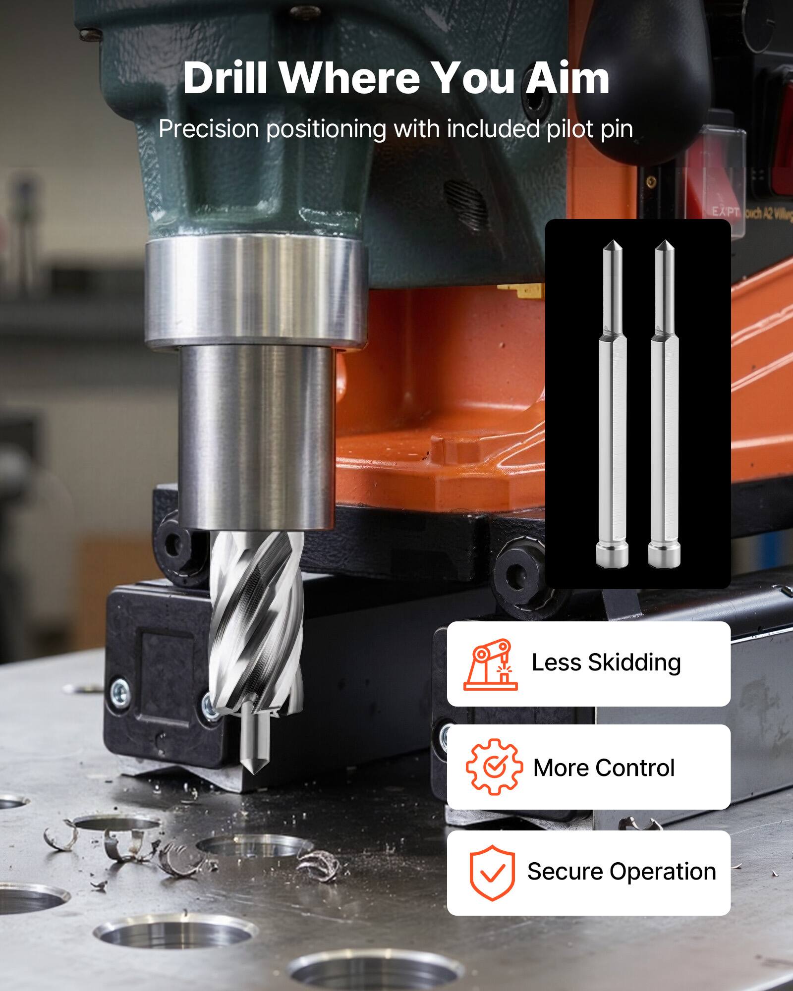 Drill Where You Aim  
Precision positioning with included pilot pin  

Less Skidding  
More Control  
Secure Operation