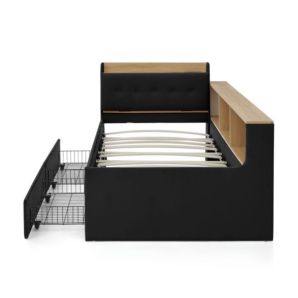 Alt View 4. Kadyn - Twin Size Upholstered Velvet Daybed with Storage Headboard, Wireless Charging, 2 Drawers & LED Lights - Black.