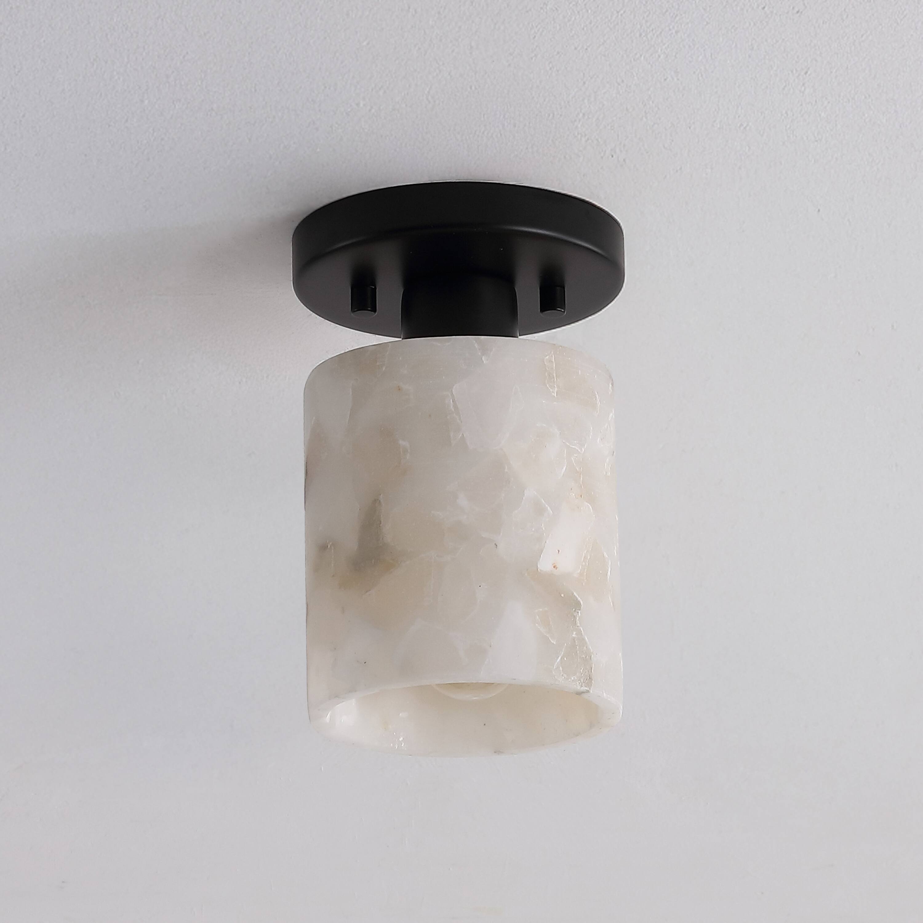 Alt View 5. Jonathan Y - Jules 5.13" 1-Light Modern Contemporary Alabaster/Iron Cylinder LED Semi Flush Mount, White Marbling/Black - Black/White.