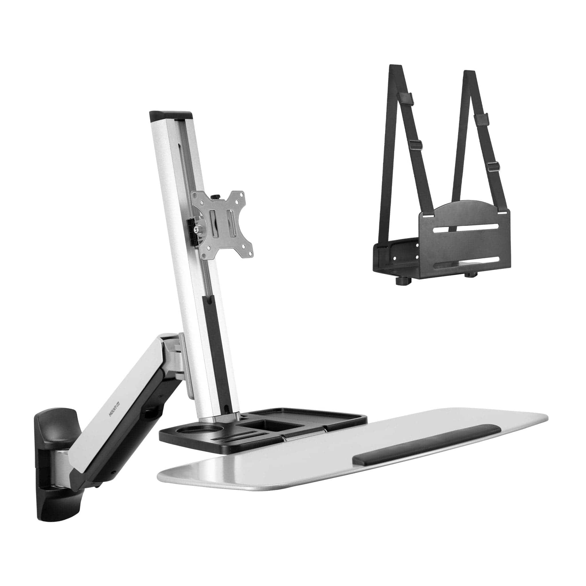 Mount-It! - Wall‑Mounted Sit‑Stand Single Monitor Workstation with Adjustable Height, Keyboard & CPU Mount - Silver