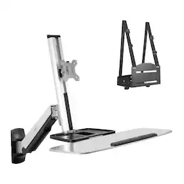 Mount-It! - Wall‑Mounted Sit‑Stand Single Monitor Workstation with Adjustable Height, Keyboard & CPU Mount - Silver