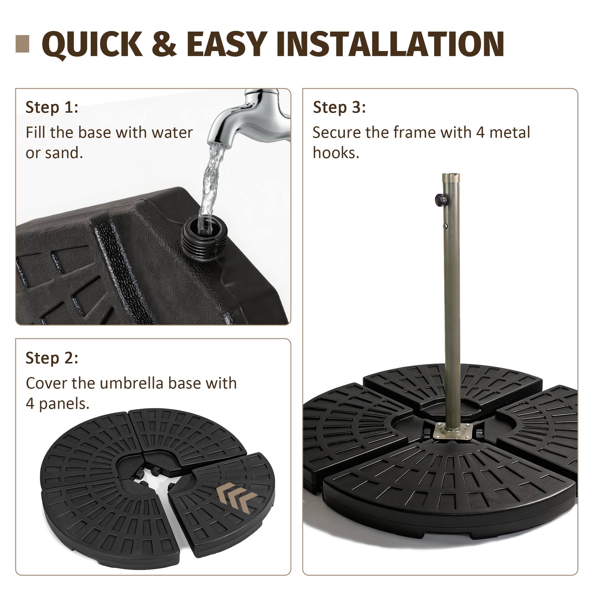 QUICK & EASY INSTALLATION

Step 1: Fill the base with water or sand.

Step 2: Cover the umbrella base with 4 panels.

Step 3: Secure the frame with 4 metal hooks.