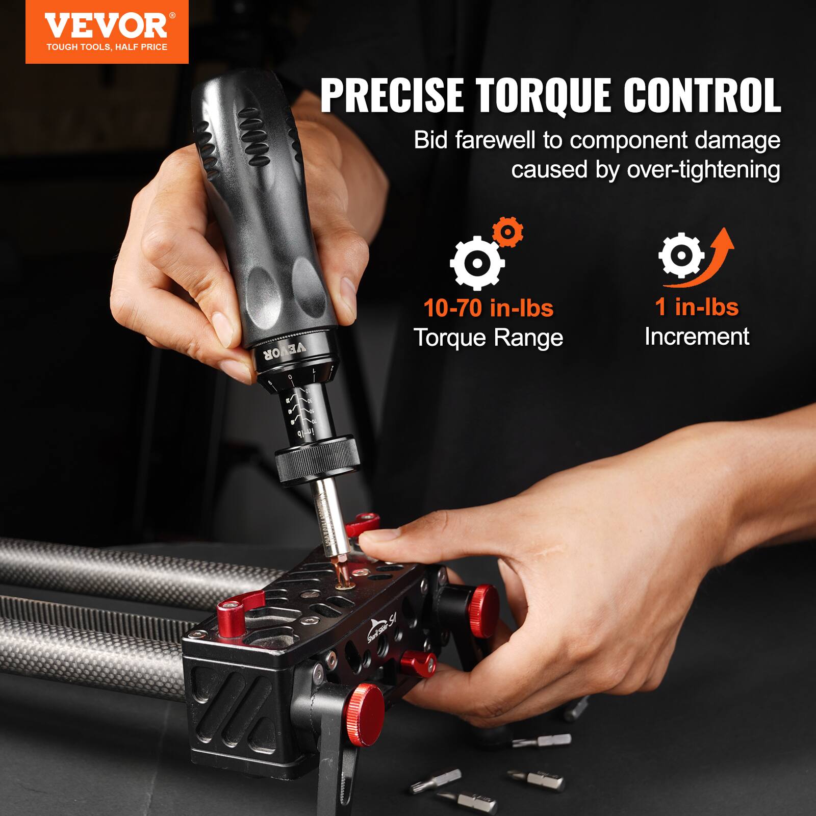 VEVOR  
TOUGH TOOLS, HALF PRICE  

PRECISE TORQUE CONTROL  
Bid farewell to component damage caused by over-tightening  

10-70 in-lbs Torque Range  
1 in-lbs Increment