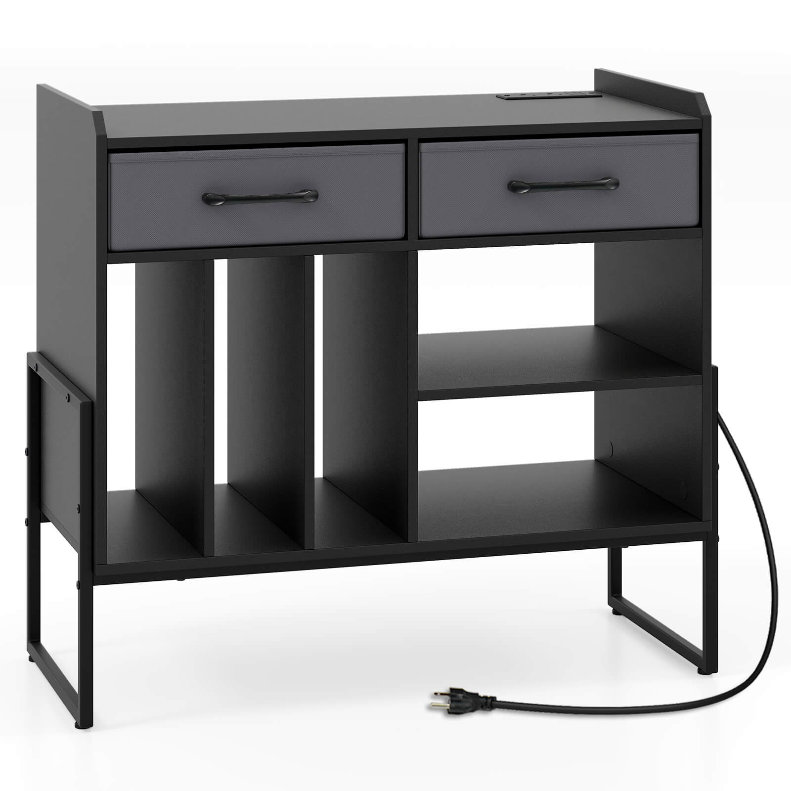 Alt View 9. Costway - Costway Large Record Player Stand with Charging Station, 2 Fabric Drawers, Adjustable Shelf - Black.