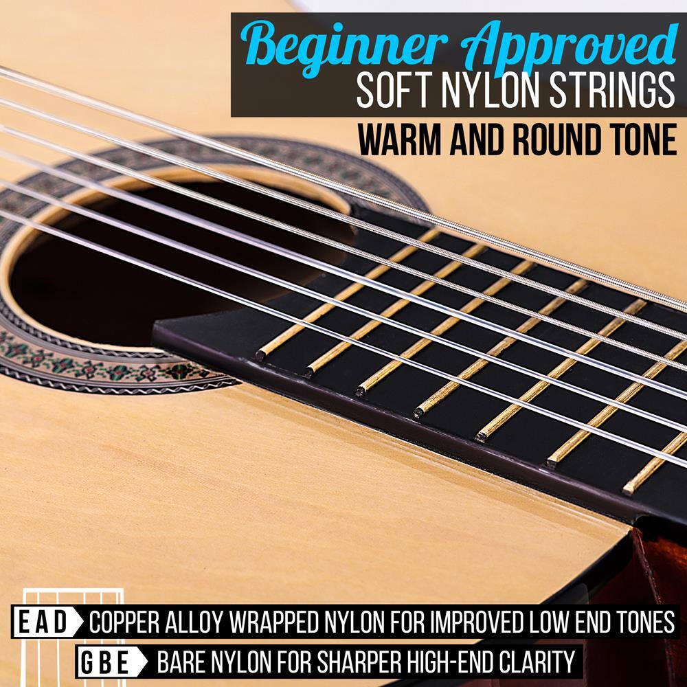 Beginner Approved  
SOFT NYLON STRINGS  
WARM AND ROUND TONE  

EAD  
COPPER ALLOY WRAPPED NYLON FOR IMPROVED LOW END TONES  

GBE  
BARE NYLON FOR SHARPER HIGH-END CLARITY