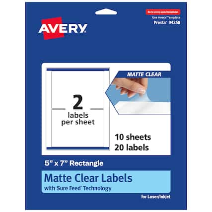 Go to avery.com/templates
Use Avery Template Presta® 94258
MATTE CLEAR
2 labels per sheet
10 sheets 20 labels
5" x 7" Rectangle
Matte Clear Labels with Sure Feed® Technology for Laser/Inkjet