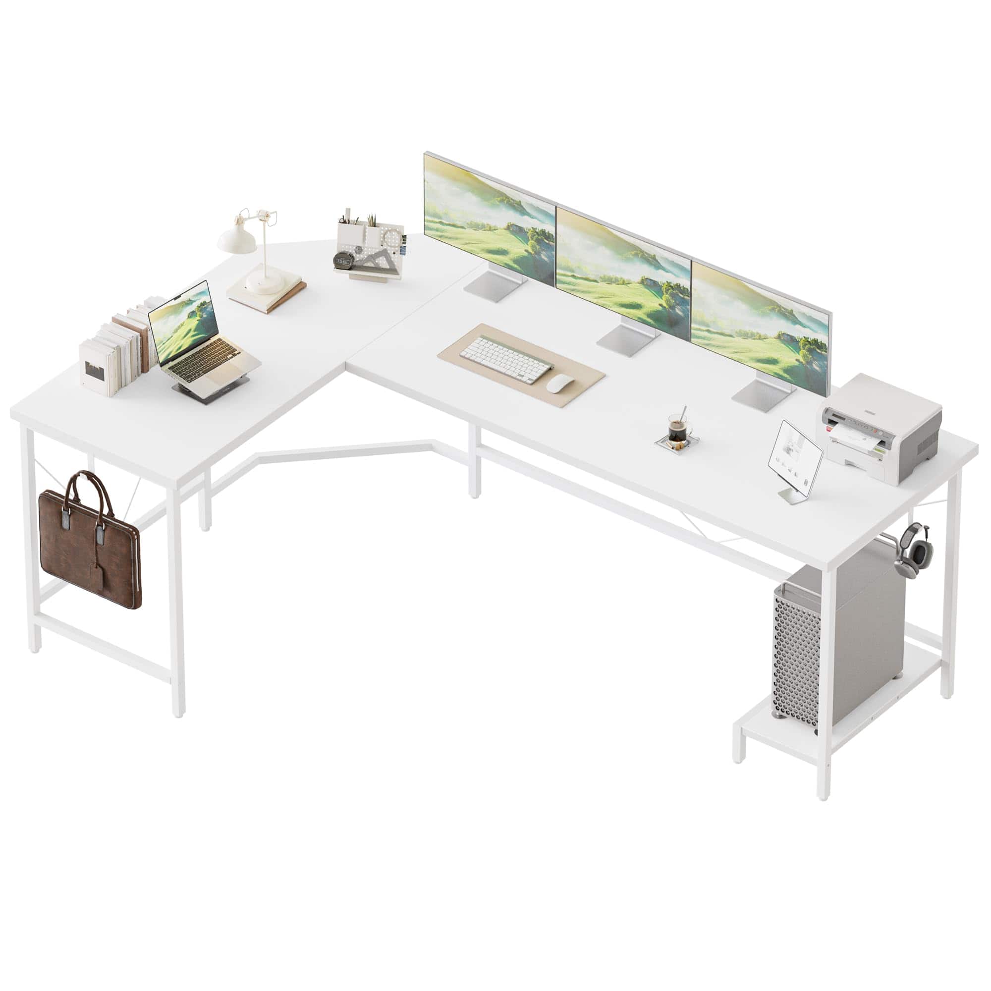 Fabibe - 66" L Shaped Gaming Desk Corner Computer With Cpu Stand Sturdy Large For Home Office Writing Workstation Table - Cpu Stand, White 66 inch