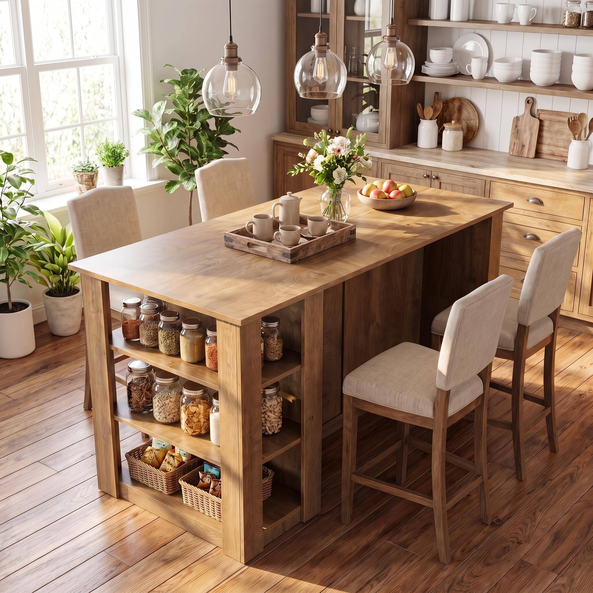 Alt View 4. Tribesigns - 71" Large Kitchen Island with Storage Cabinet, Drawers, Seating - Brown.