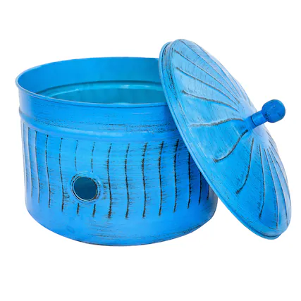 Front. Sunnydaze - Embossed Metal Garden Hose Holder - 100’ Hoses - Blue Patina.