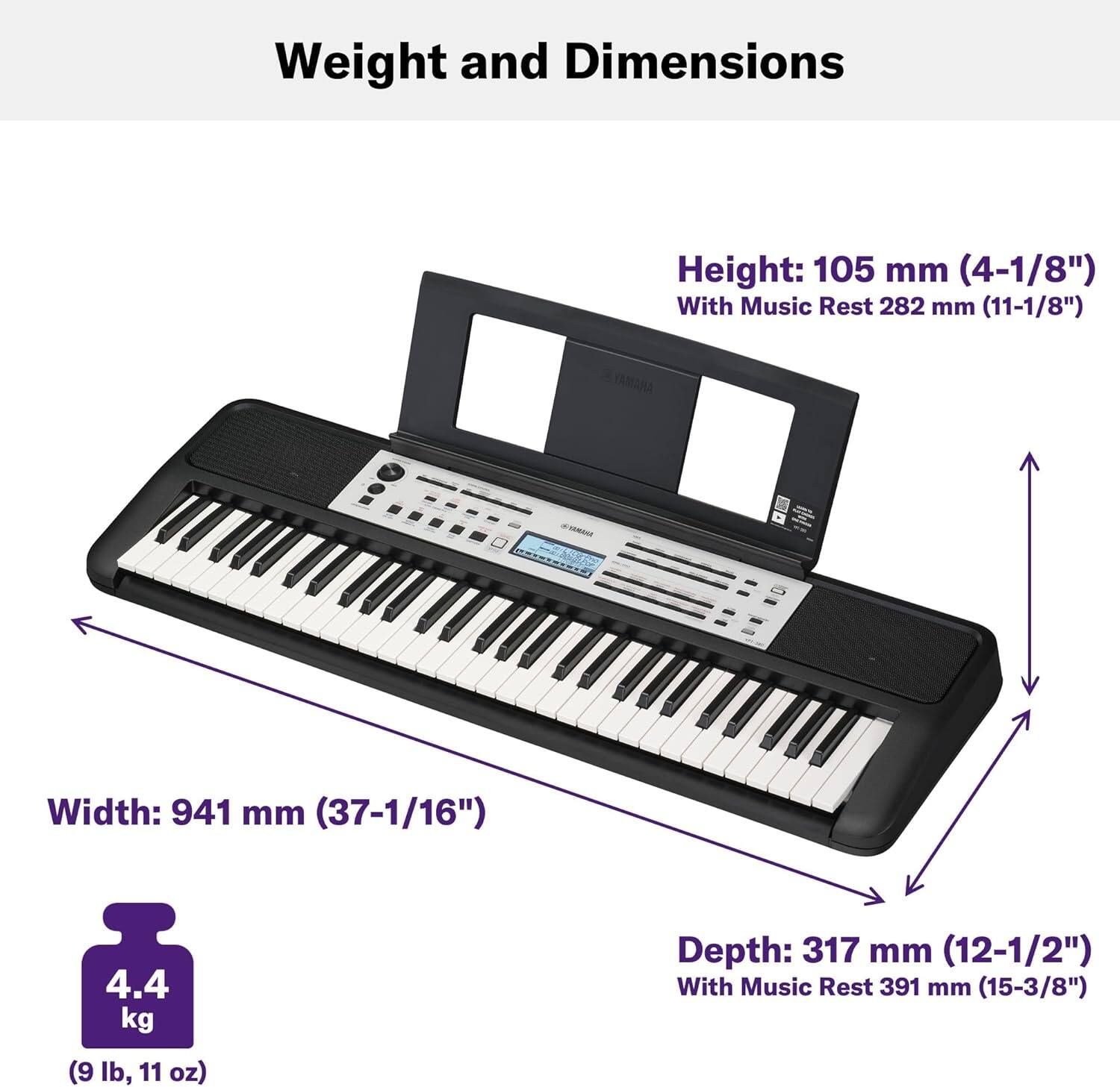 Weight and Dimensions

Height: 105 mm (4-1/8")  
With Music Rest 282 mm (11-1/8")

Width: 941 mm (37-1/16")

Depth: 317 mm (12-1/2")  
With Music Rest 391 mm (15-3/8")

Weight: 4.4 kg (9 lb, 11 oz)