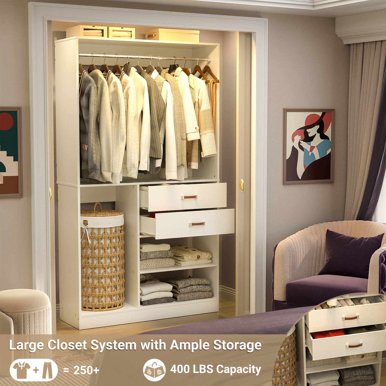 Large Closet System with Ample Storage  
= 250+ lb  
400 LBS Capacity