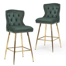 Boyel Living - Bar Stools Set of 2 Velvet Counter Height Bar Stools with Metal Legs Button Tufted and Nailheads Trim - Green