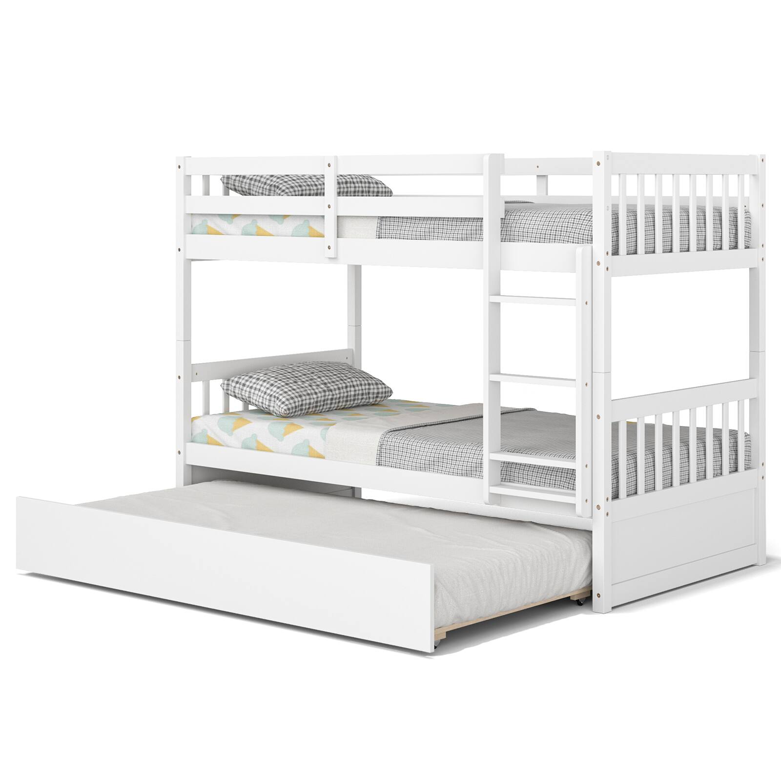 Angle. Sugift - Twin Over Twin Bunk Bed with Pull-out Trundle and Ladder - White.