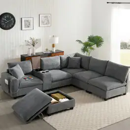 LUCKY ONE - 139" U-Shape Modular Corduroy Sectional Sofa w/ Console USB Charger Storage Ottoman - Gray