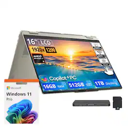 Lenovo - Upgraded - Yoga 2-in-1 16" Touch Laptop,Ryzen AI 5 430,16GB RAM,512GB SSD+1TB Dock Set,Backlit,Fingerprint,Win11Pro - Seashell