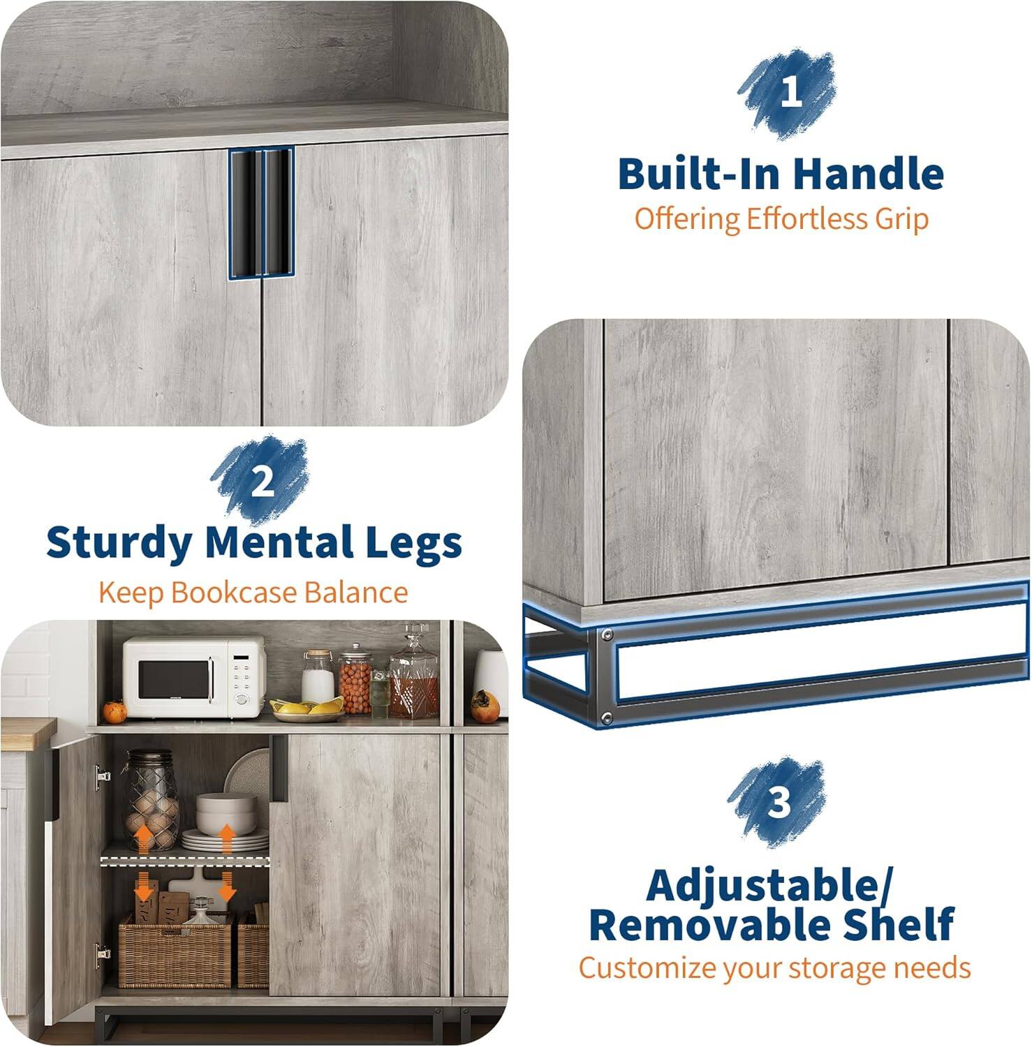 1. Built-In Handle  
   Offering Effortless Grip

2. Sturdy Metal Legs  
   Keep Bookcase Balance

3. Adjustable/Removable Shelf  
   Customize your storage needs