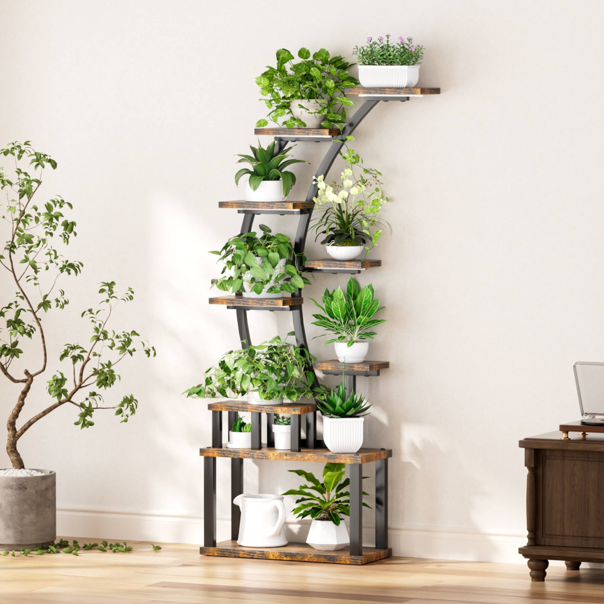 Alt View 1. GOODSILO - Tall Indoor Plant Stand with Adjustable Grow Lights and Multi-Tier Shelving for Enhanced Plant Growth - Rustic Brown.