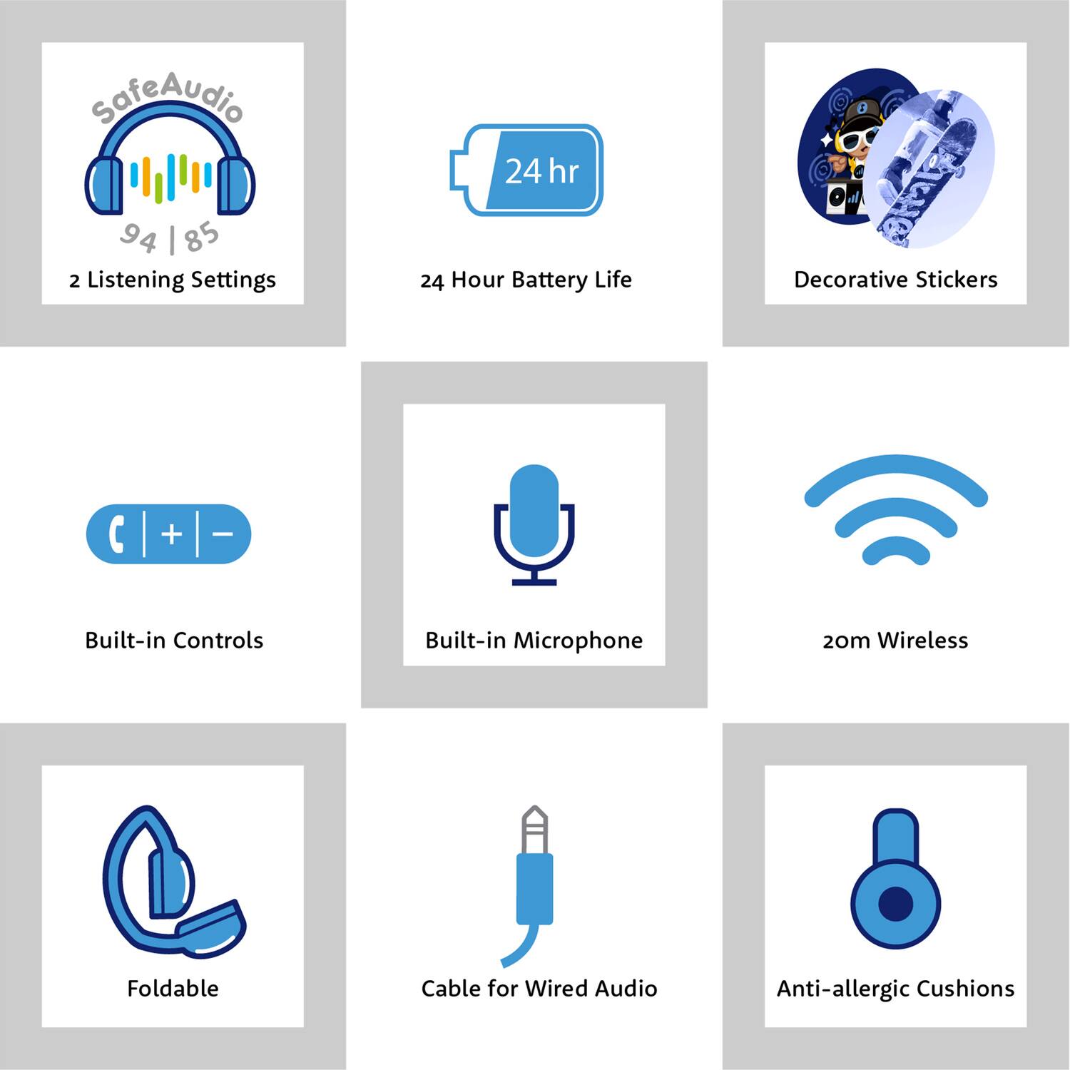 - SafeAudio 94 | 85
- 2 Listening Settings
- 24 Hour Battery Life
- Decorative Stickers
- Built-in Controls
- Built-in Microphone
- 20m Wireless
- Foldable
- Cable for Wired Audio
- Anti-allergic Cushions