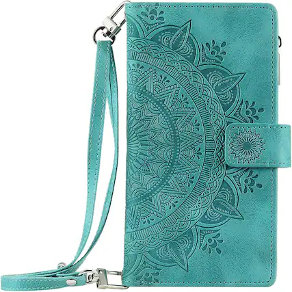Front. Dteck - Wallet Case for Samsung Galaxy A57 Zipper Pocket Flowers PU Leather Flip Stand Cover With Crossbody Strap - Green.
