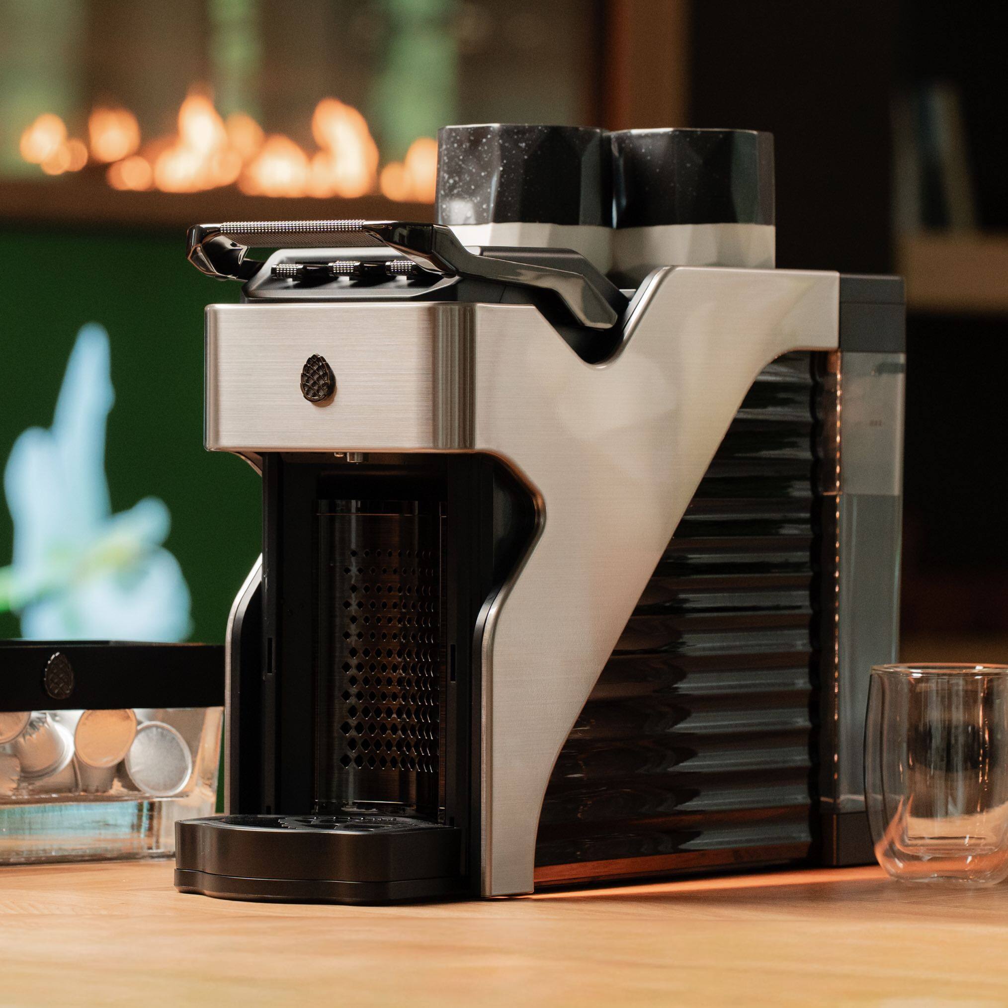 Angle. Milton Coffee Co. - Stainless Steel Brew Path, Compatible  with Nespresso OriginalLine Capsules, cup warming tray, low noise, 19 bar motor - Brushed Silver.