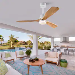 LUCKY ONE - 52" Ceiling Fan with Light Remote 3 Solid Wood Blades DC Motor - Oak Natural Wood + Antique White