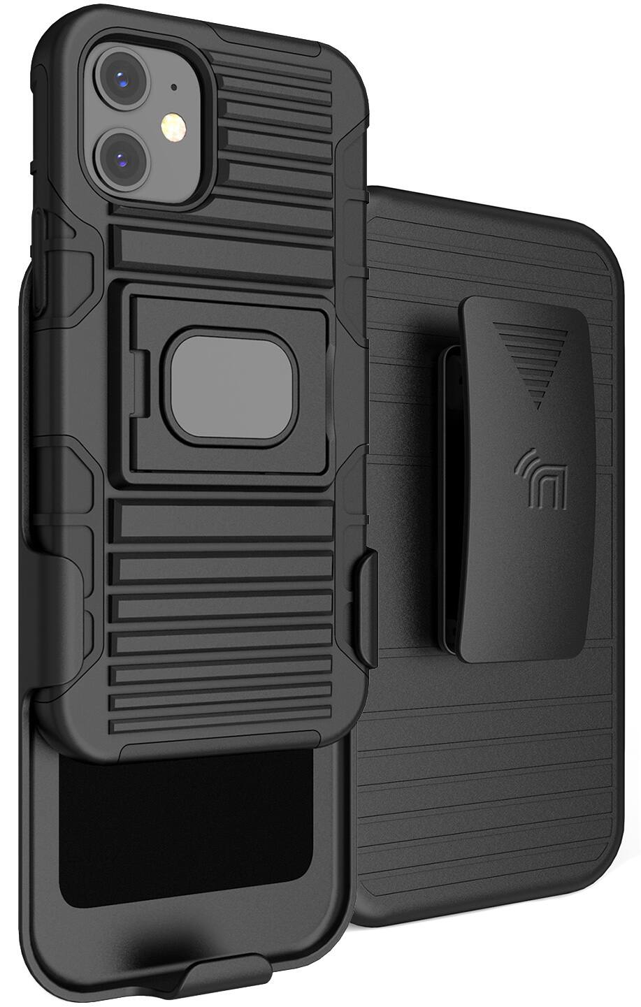 Front. Nakedcellphone - Combo for iPhone 12 Mini - Ring Grip/Stand Case and Belt Clip Holster - Black.