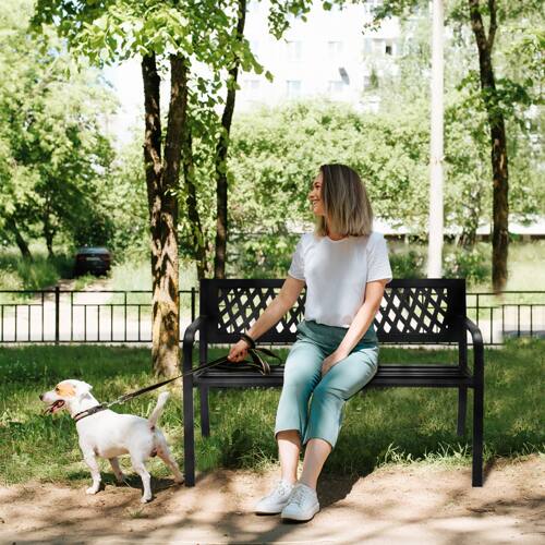 Alt View 10. Winado - 47in Garden Patio Bench Iron Frame PVC Mesh Backrest Slatted Seat 2-Person for Front Porch Outdoor Entryway Furniture - Black.