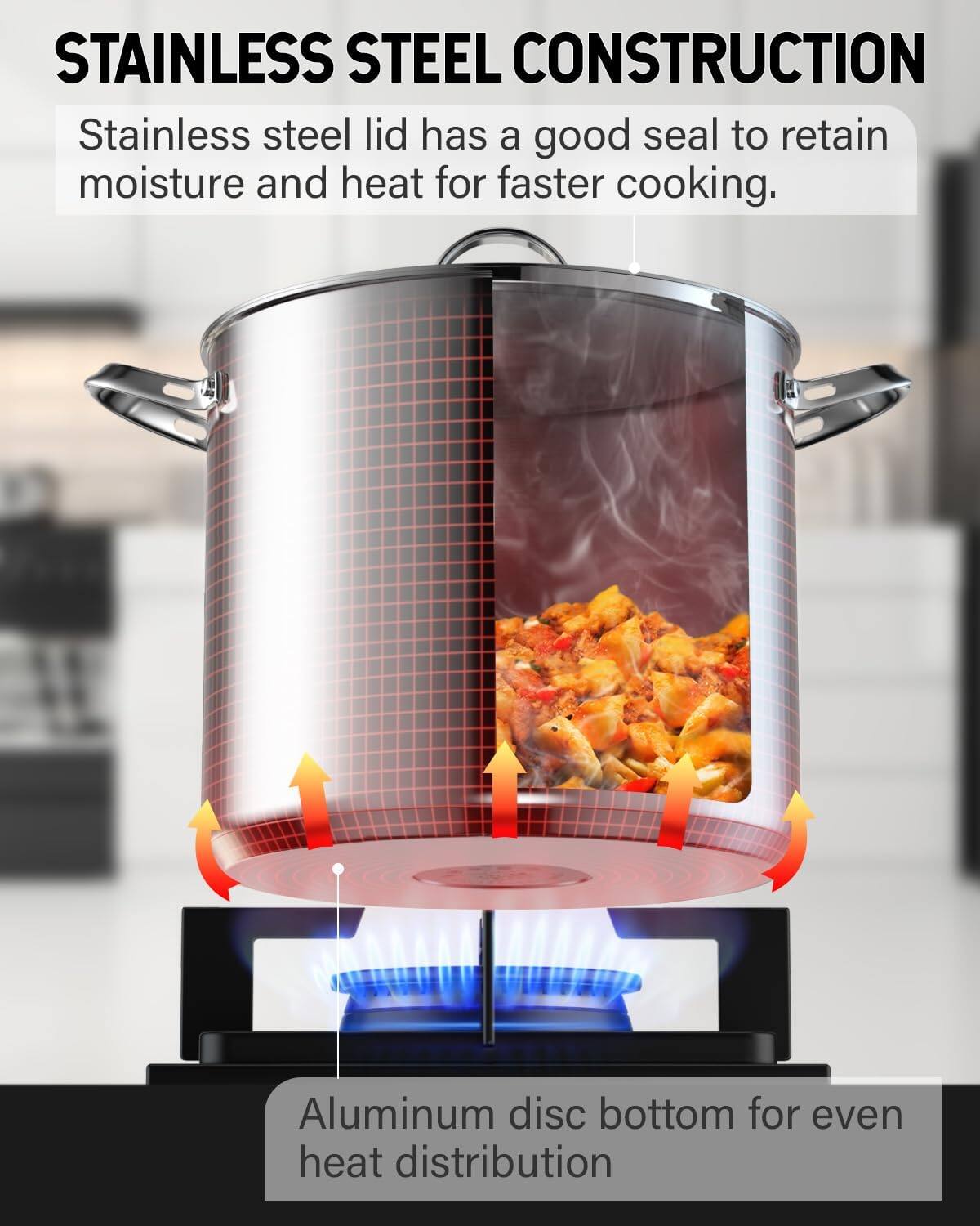 STAINLESS STEEL CONSTRUCTION

Stainless steel lid has a good seal to retain moisture and heat for faster cooking.

Aluminum disc bottom for even heat distribution